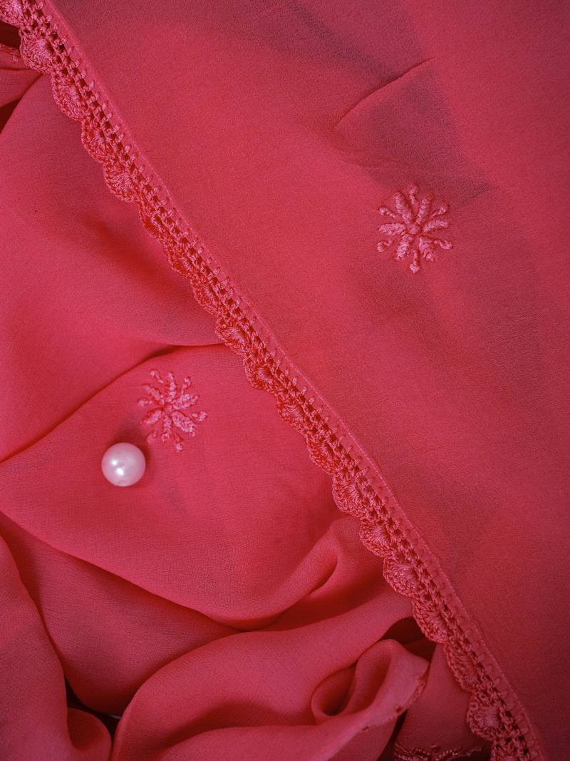 Hand Embroidered Carrot Pink Georgette Lucknowi Chikankari Dupatta