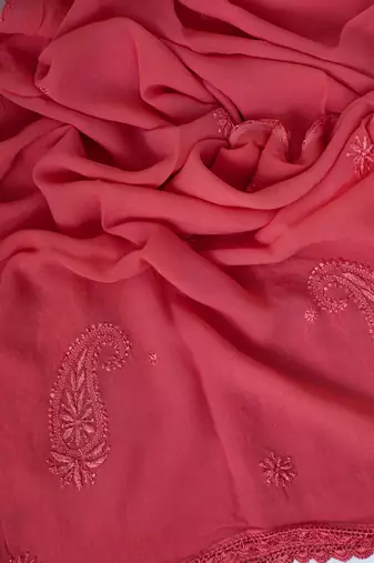 Hand Embroidered Carrot Pink Georgette Lucknowi Chikankari Dupatta