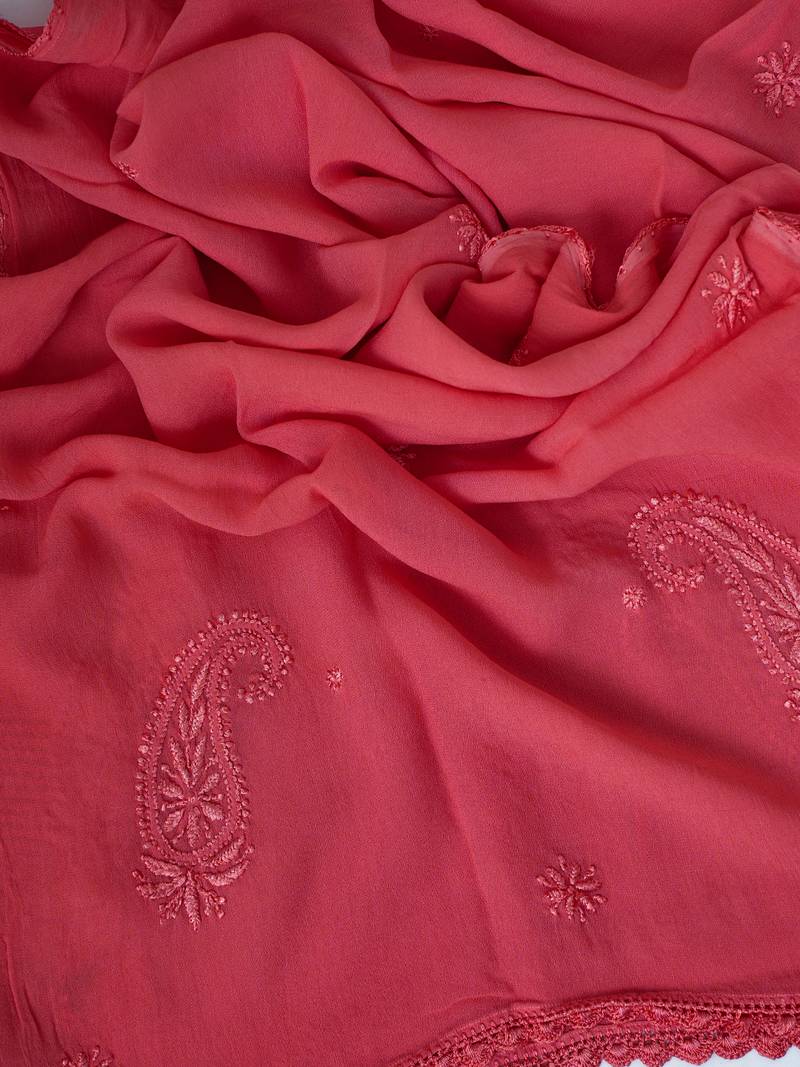 Hand Embroidered Carrot Pink Georgette Lucknowi Chikankari Dupatta