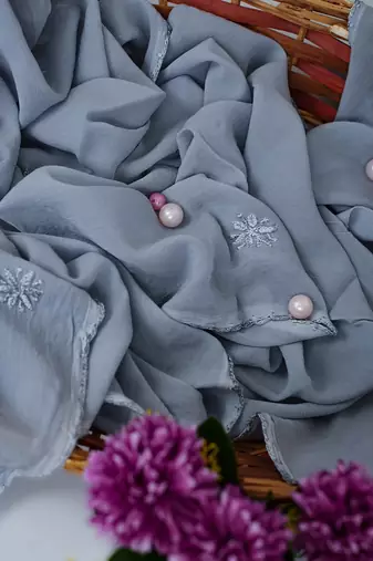 Hand Embroidered Grey Viscose Georgette Lucknowi Chikankari Dupatta