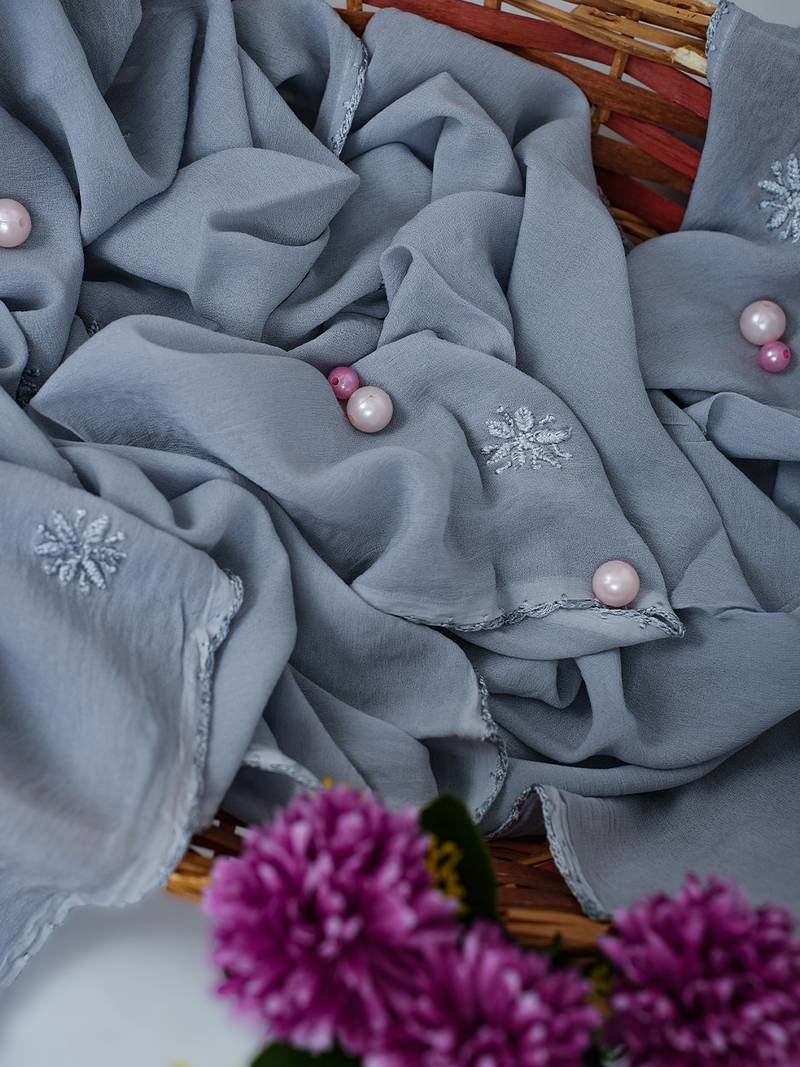 Hand Embroidered Grey Viscose Georgette Lucknowi Chikankari Dupatta
