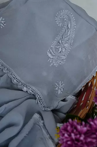 Hand Embroidered Grey Viscose Georgette Lucknowi Chikankari Dupatta