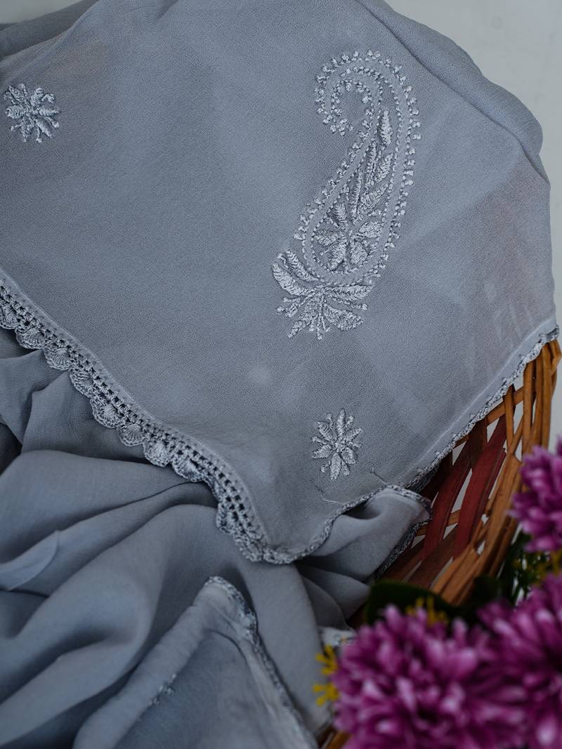 Hand Embroidered Grey Viscose Georgette Lucknowi Chikankari Dupatta