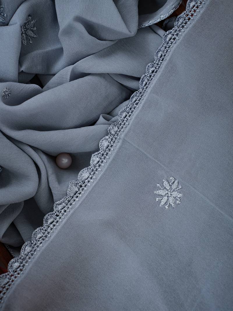 Hand Embroidered Grey Viscose Georgette Lucknowi Chikankari Dupatta