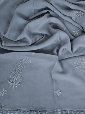 Hand Embroidered Grey Viscose Georgette Lucknowi Chikankari Dupatta 5