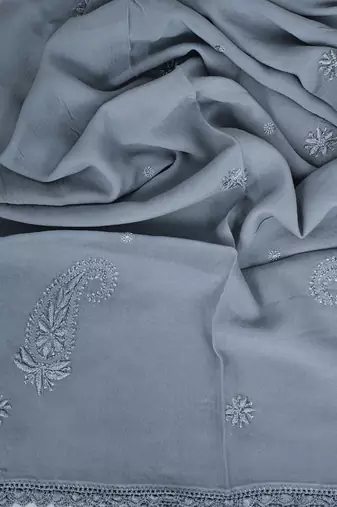 Hand Embroidered Grey Viscose Georgette Lucknowi Chikankari Dupatta