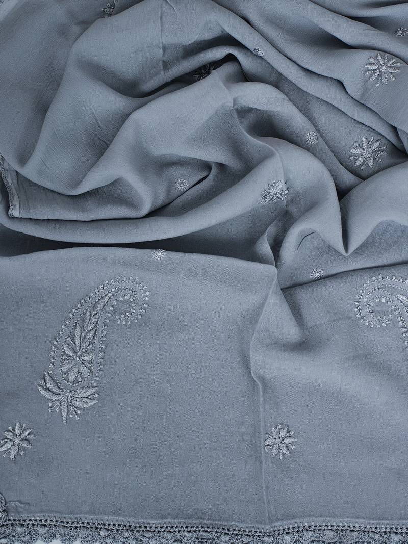 Hand Embroidered Grey Viscose Georgette Lucknowi Chikankari Dupatta