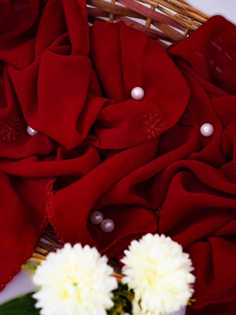 Hand Embroidered Red Viscose Georgette Lucknowi Chikankari Stole