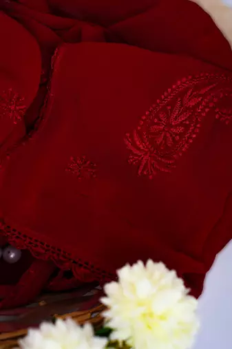 Hand Embroidered Red Viscose Georgette Lucknowi Chikankari Stole