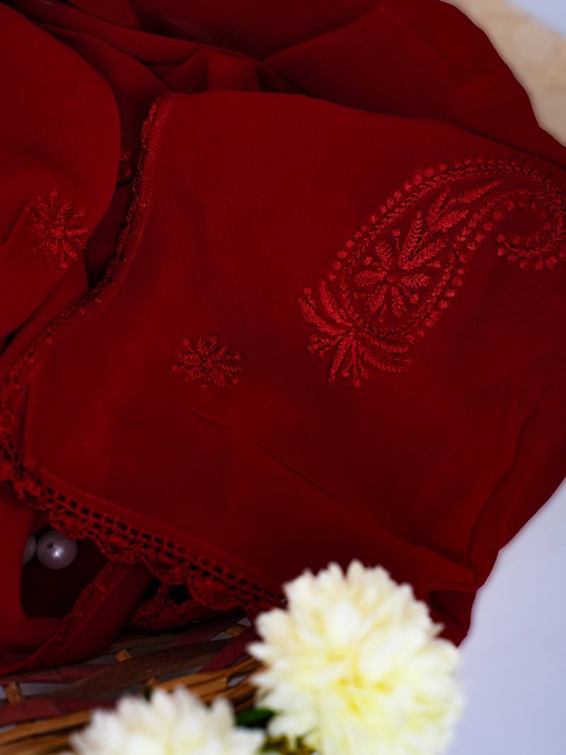 Hand Embroidered Red Viscose Georgette Lucknowi Chikankari Stole