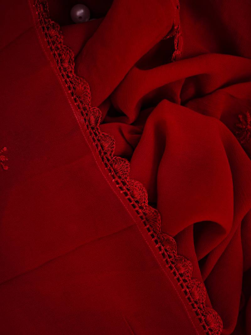 Hand Embroidered Red Viscose Georgette Lucknowi Chikankari Stole