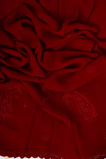 Hand Embroidered Red Viscose Georgette Lucknowi Chikankari Stole