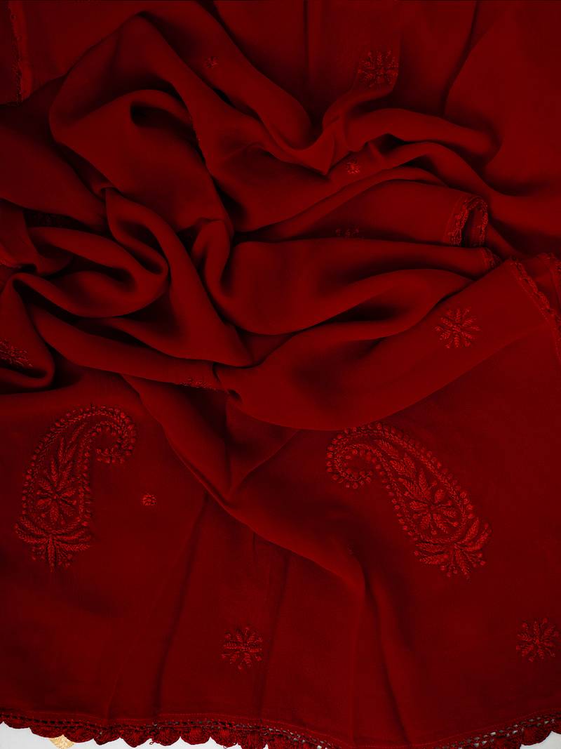 Hand Embroidered Red Viscose Georgette Lucknowi Chikankari Stole