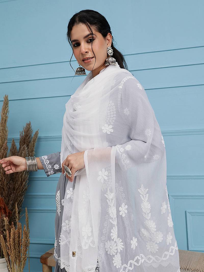 Hand Embroidered White Chiffon Lucknowi Chikankari Dupatta
