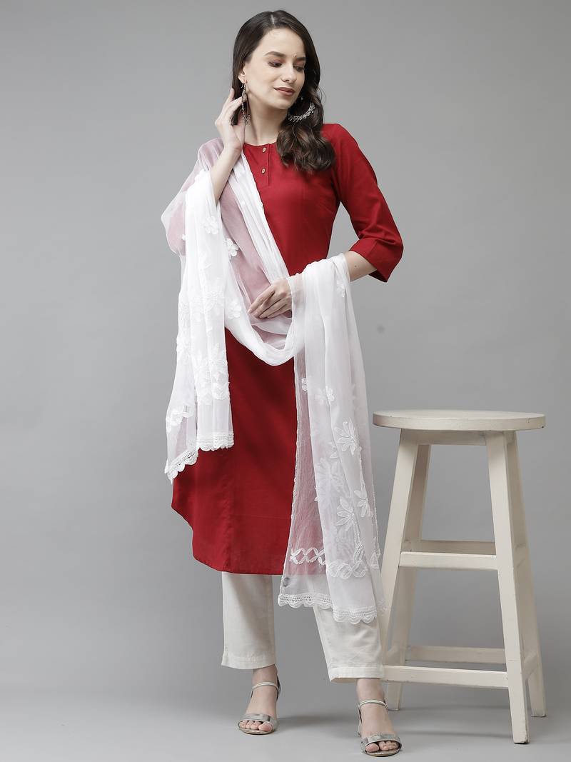 Hand Embroidered White Chiffon Lucknowi Chikankari Dupatta