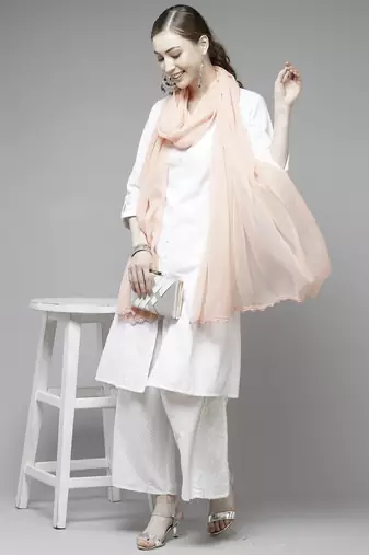 Hand Embroidered Peach Chiffon Lucknowi Dupatta