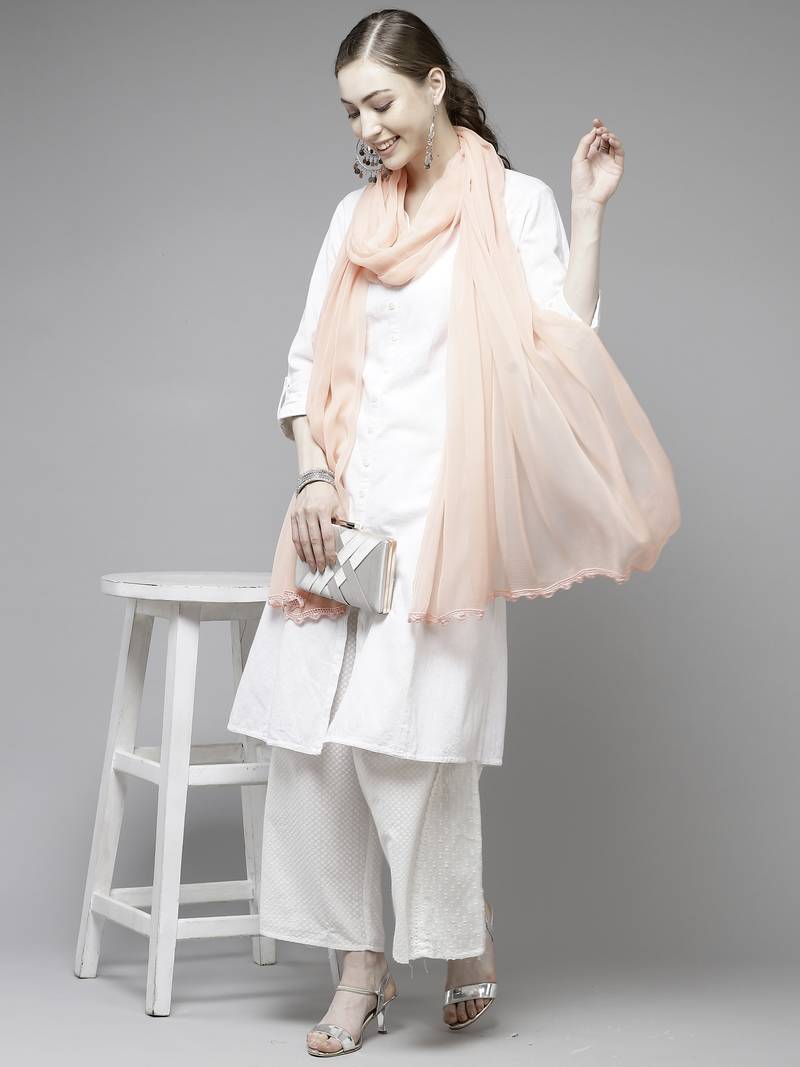 Hand Embroidered Peach Chiffon Lucknowi Dupatta
