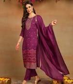 Women purple muslin bandhani woven design straight kurta trousers with dupatta