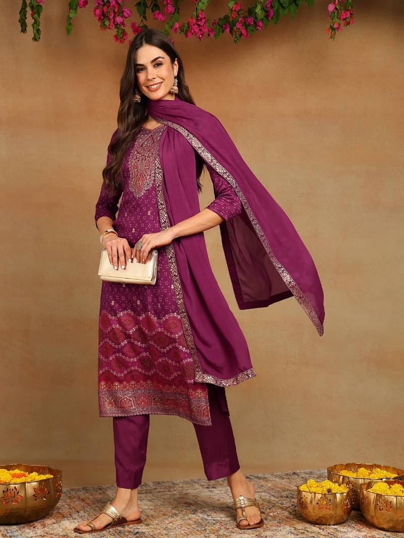 Women purple muslin bandhani woven design straight kurta trousers with dupatta