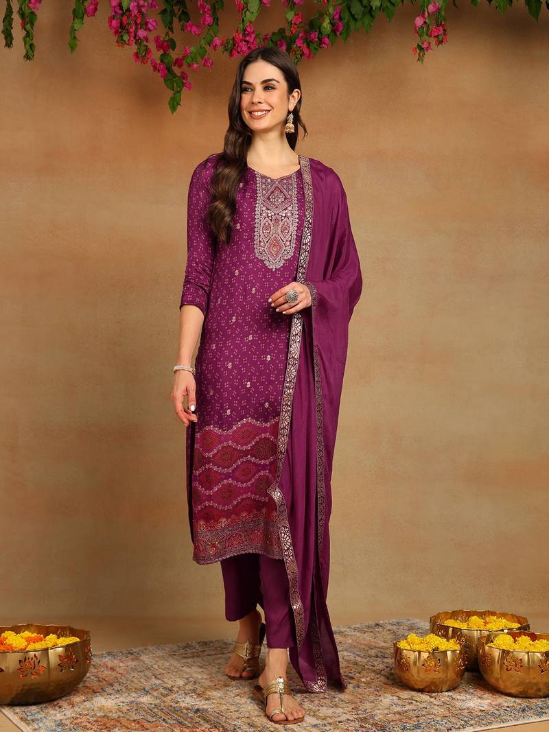 Women purple muslin bandhani woven design straight kurta trousers with dupatta