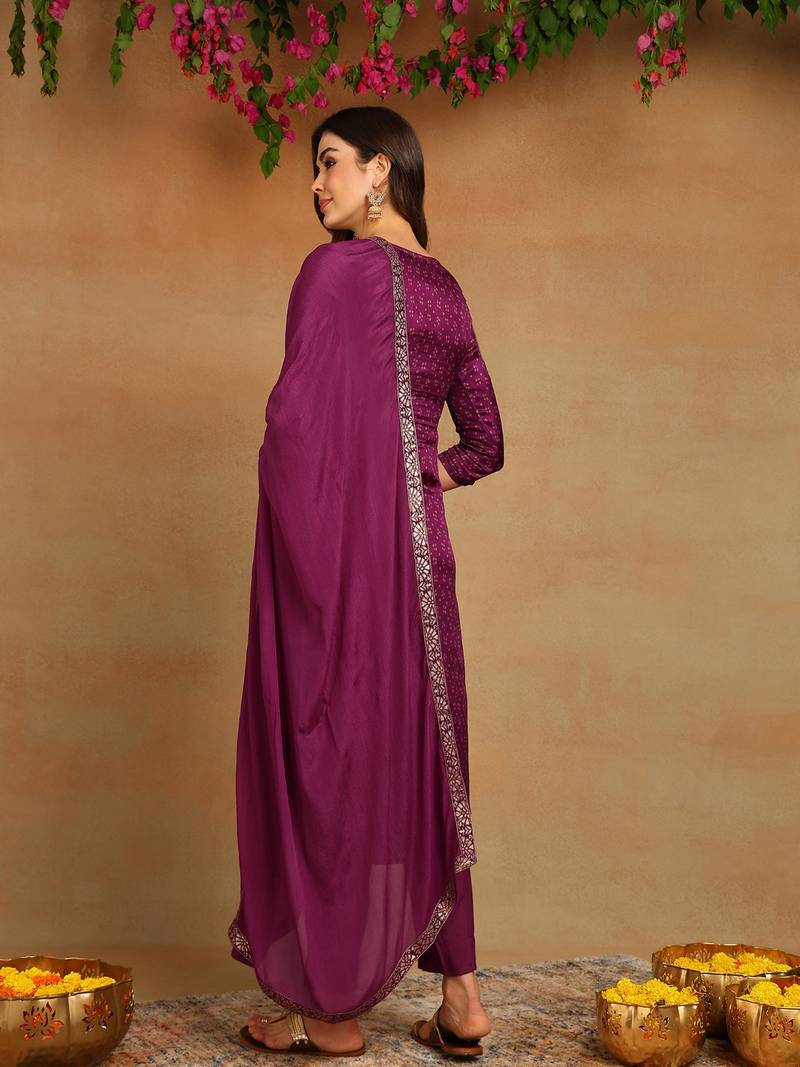 Women purple muslin bandhani woven design straight kurta trousers with dupatta