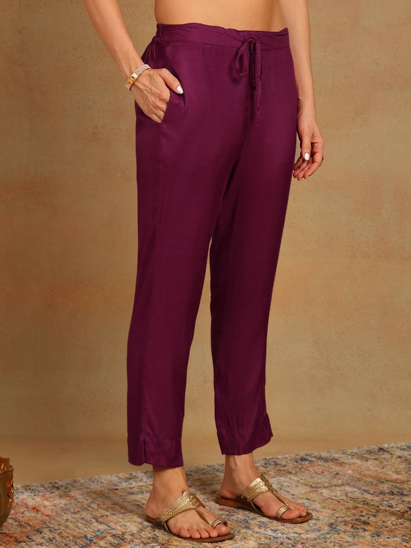 Women purple muslin bandhani woven design straight kurta trousers with dupatta