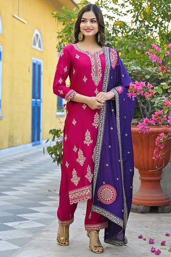 Women pink silk blend solid embroidered straight kurta trousers with dupatta