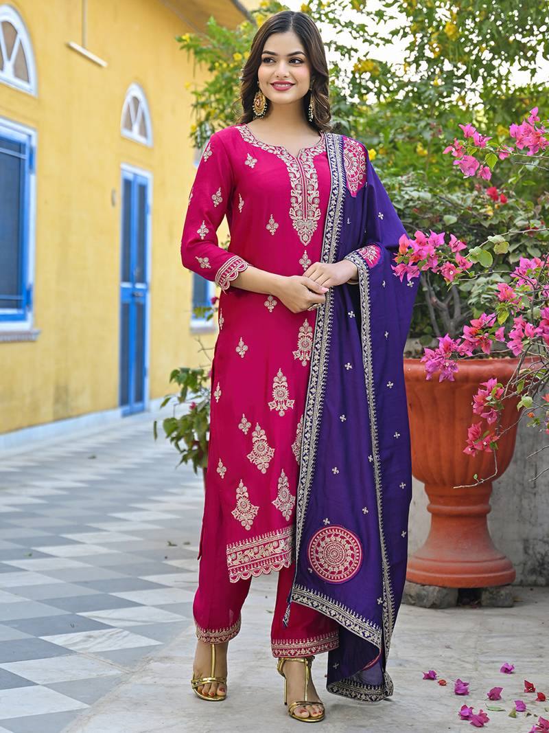 Women pink silk blend solid embroidered straight kurta trousers with dupatta