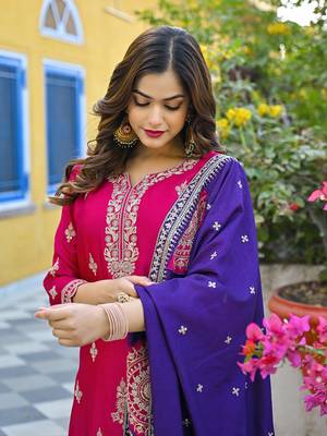 Women pink silk blend solid embroidered straight kurta trousers with dupatta 2
