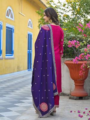 Women pink silk blend solid embroidered straight kurta trousers with dupatta 4