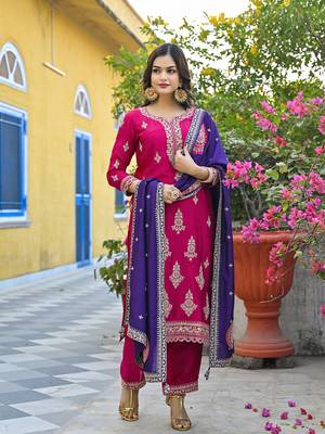Women pink silk blend solid embroidered straight kurta trousers with dupatta 5