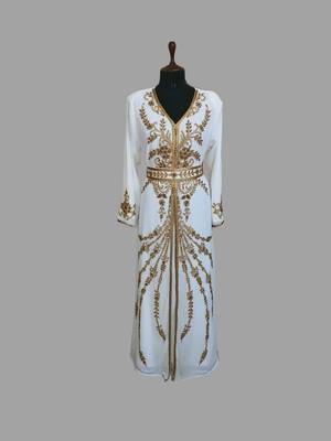 off white color Handmade Moroccan Kaftan with hijjab 1