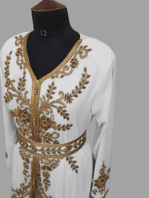 off white color Handmade Moroccan Kaftan with hijjab 3