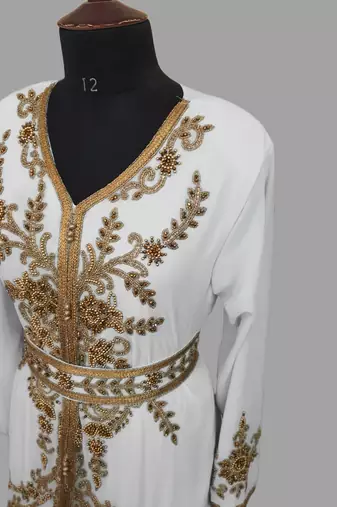 off white color Handmade Moroccan Kaftan with hijjab