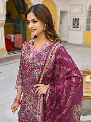 Women purple rayon blend paisley printed straight kurta trousers with dupatta 1