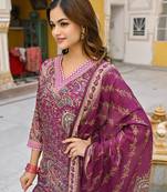 Women purple rayon blend paisley printed straight kurta trousers with dupatta
