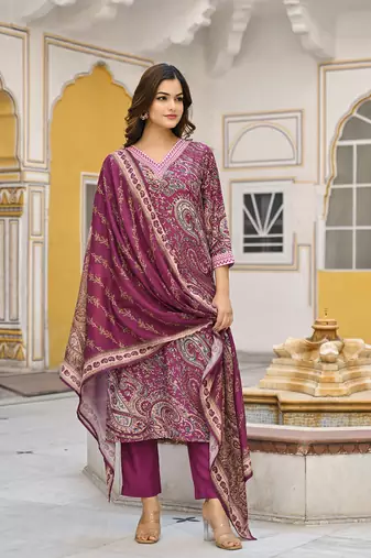 Women purple rayon blend paisley printed straight kurta trousers with dupatta