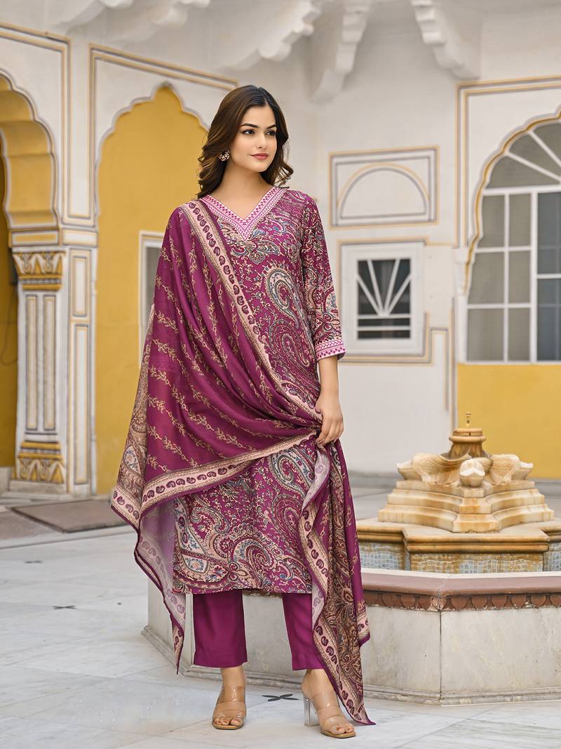 Women purple rayon blend paisley printed straight kurta trousers with dupatta