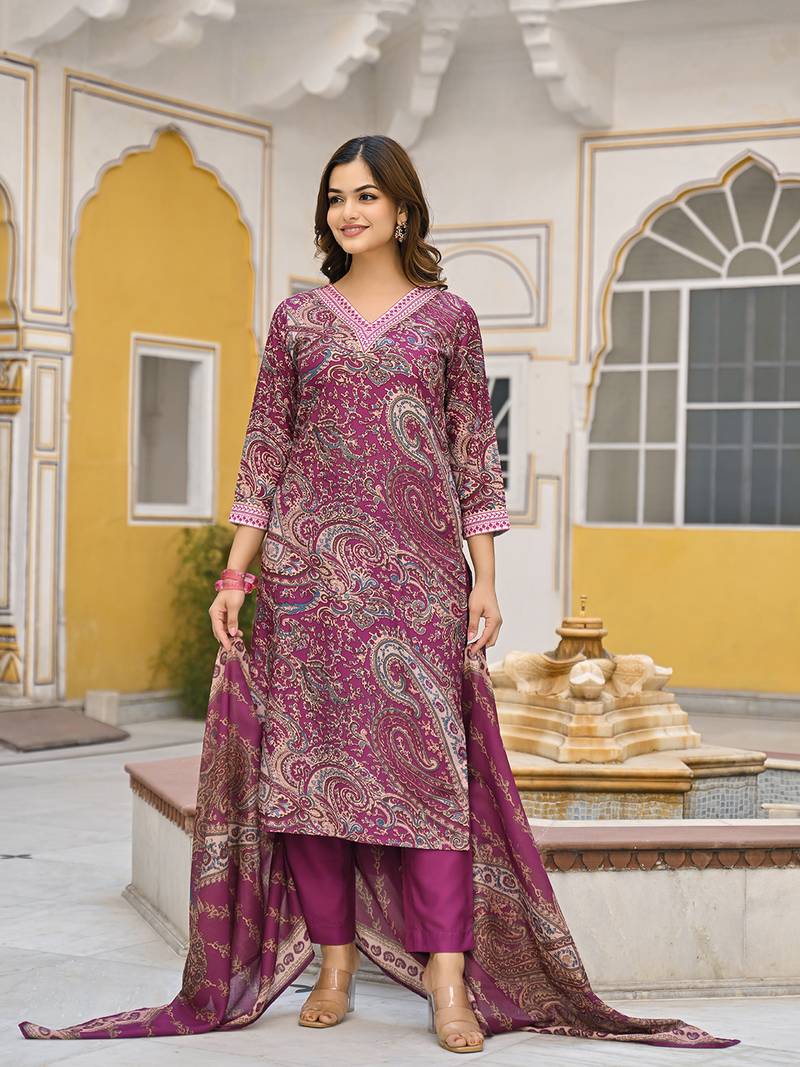 Women purple rayon blend paisley printed straight kurta trousers with dupatta