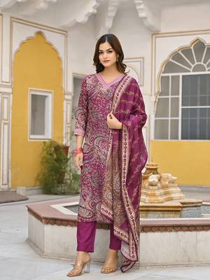 Women purple rayon blend paisley printed straight kurta trousers with dupatta 4