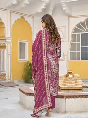 Women purple rayon blend paisley printed straight kurta trousers with dupatta 5