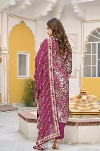 Women purple rayon blend paisley printed straight kurta trousers with dupatta