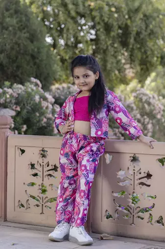 Cutiediva Girls Floral printed co ord set-pink ( Pack of 3, Parties Dress)