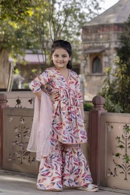 Cutiediva Girls festive printed aliya-cut kurta & sharara with dupatta in peach ( Pack of 3, Stitched Dress for gils ) 1