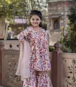 Cutiediva Girls festive printed aliya-cut kurta & sharara with dupatta in peach ( Pack of 3, Stitched Dress for gils )