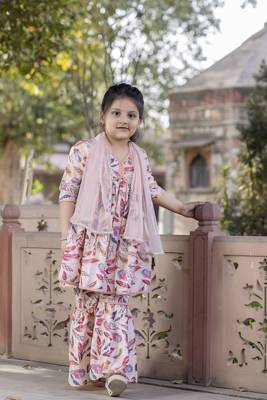 Cutiediva Girls festive printed aliya-cut kurta & sharara with dupatta in peach ( Pack of 3, Stitched Dress for gils ) 2