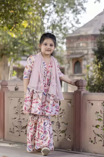 Cutiediva Girls festive printed aliya-cut kurta & sharara with dupatta in peach ( Pack of 3, Stitched Dress for gils )