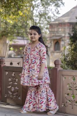 Cutiediva Girls festive printed aliya-cut kurta & sharara with dupatta in peach ( Pack of 3, Stitched Dress for gils ) 3