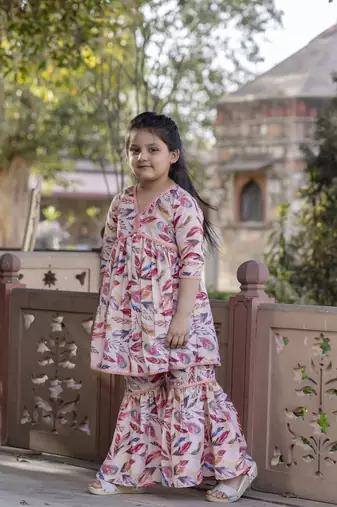 Cutiediva Girls festive printed aliya-cut kurta & sharara with dupatta in peach ( Pack of 3, Stitched Dress for gils )