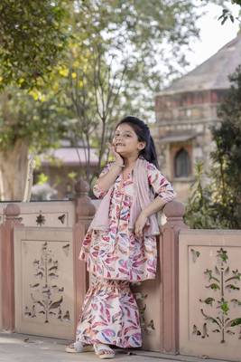 Cutiediva Girls festive printed aliya-cut kurta & sharara with dupatta in peach ( Pack of 3, Stitched Dress for gils ) 4